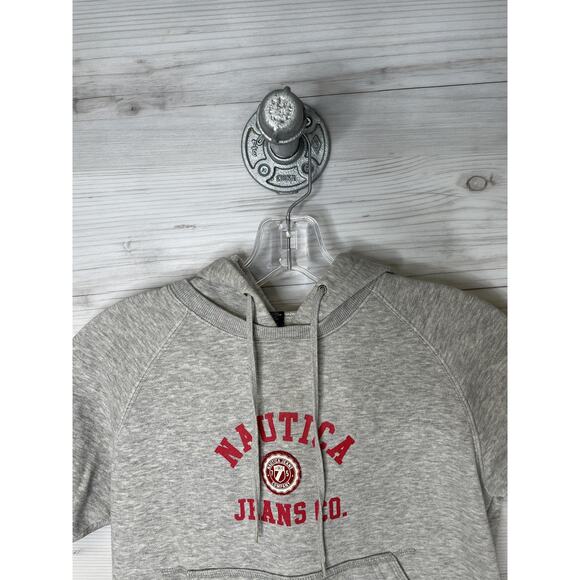 Nautica Jeans Co Hoodie Womens XS Gray Short Sleeve Raglan Logo Kangaroo Pocket - Picture 2 of 9